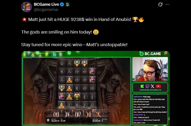 Twitter Hand of Anubis Win at BCGame